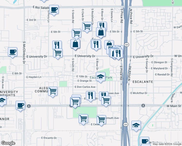map of restaurants, bars, coffee shops, grocery stores, and more near 850 South River Drive in Tempe