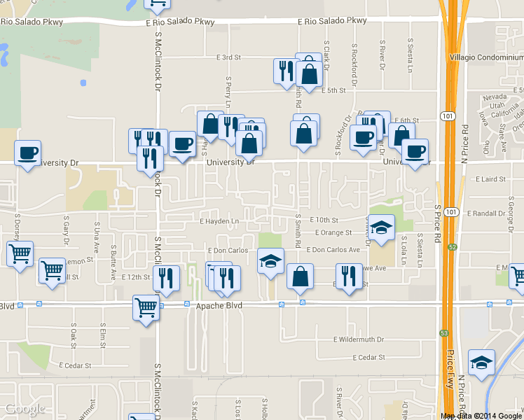 map of restaurants, bars, coffee shops, grocery stores, and more near 1905 East University Drive in Tempe