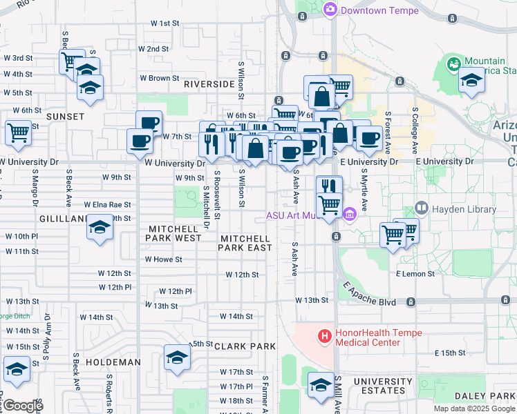 map of restaurants, bars, coffee shops, grocery stores, and more near 919 South Wilson Street in Tempe
