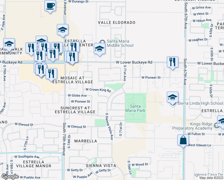 map of restaurants, bars, coffee shops, grocery stores, and more near 7228 West Crown King Road in Phoenix