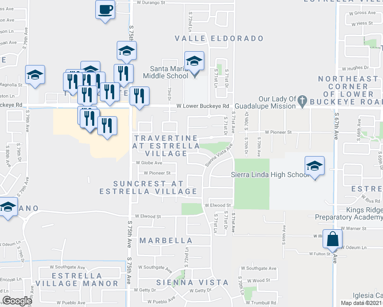 map of restaurants, bars, coffee shops, grocery stores, and more near 3112 South 72nd Lane in Phoenix