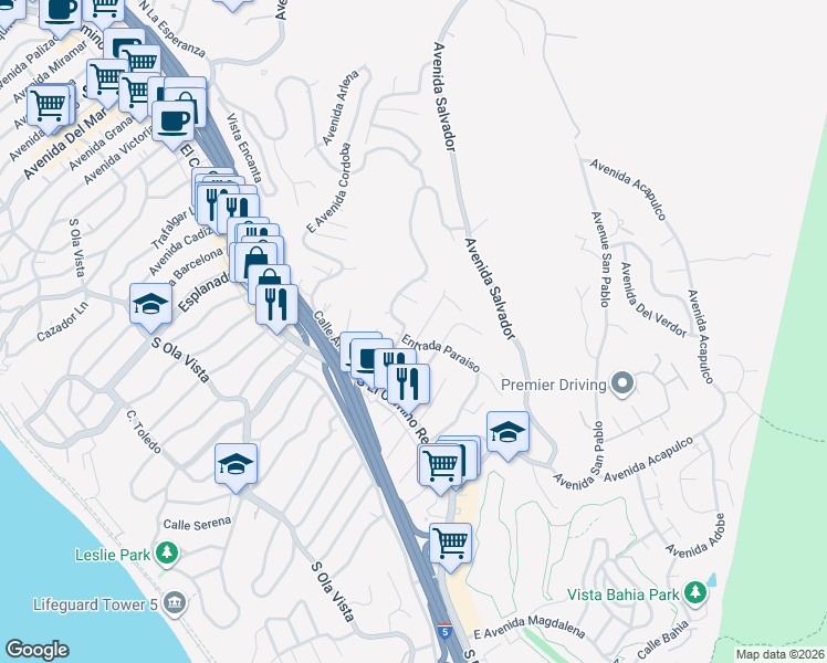 map of restaurants, bars, coffee shops, grocery stores, and more near 207 Cerrito Cielo in San Clemente