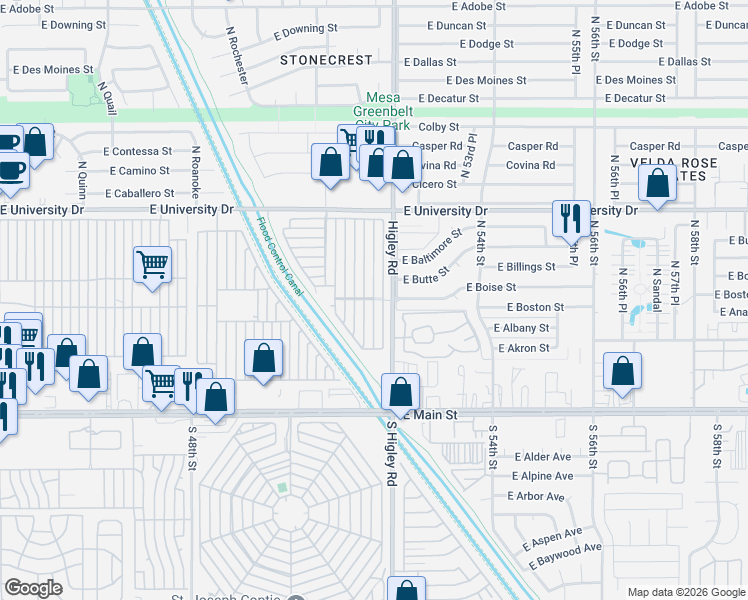 map of restaurants, bars, coffee shops, grocery stores, and more near F Street in Mesa