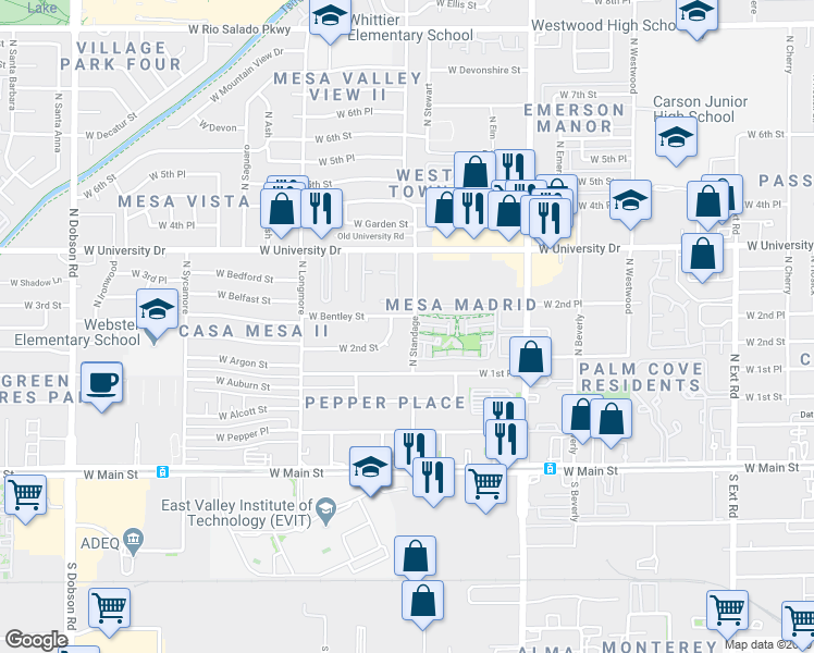map of restaurants, bars, coffee shops, grocery stores, and more near 238 North Standage in Mesa