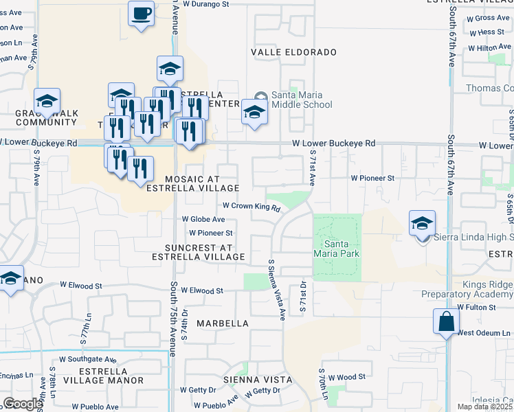 map of restaurants, bars, coffee shops, grocery stores, and more near 3112 South 72nd Lane in Phoenix