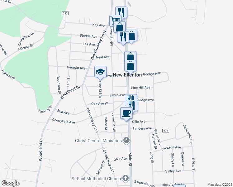 map of restaurants, bars, coffee shops, grocery stores, and more near 106 Sabra Avenue in New Ellenton