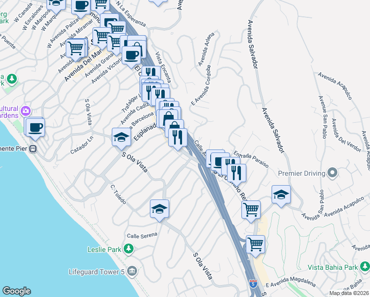 map of restaurants, bars, coffee shops, grocery stores, and more near 1400 Los Marios in San Clemente