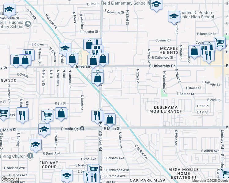 map of restaurants, bars, coffee shops, grocery stores, and more near 225 North Gilbert Road in Mesa