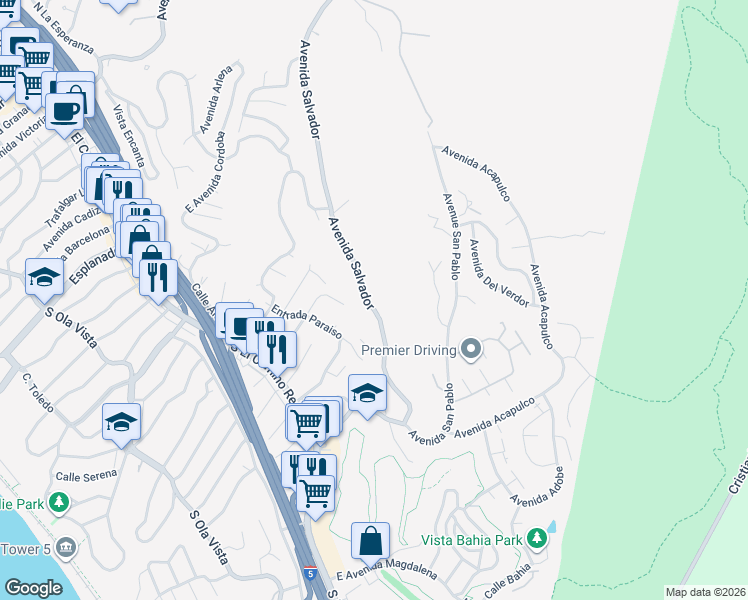 map of restaurants, bars, coffee shops, grocery stores, and more near 1709 Avenida Salvador in San Clemente