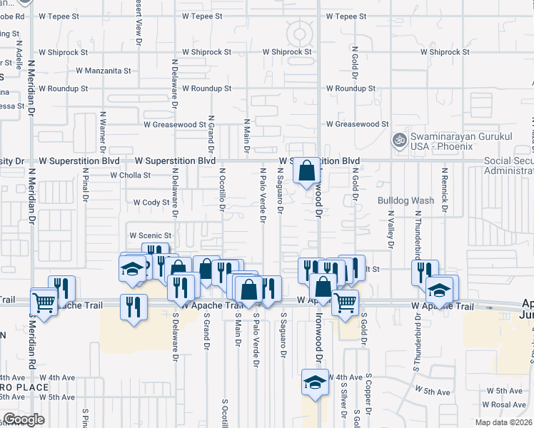 map of restaurants, bars, coffee shops, grocery stores, and more near 516 North Palo Verde Drive in Apache Junction