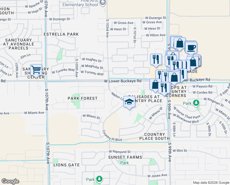 map of restaurants, bars, coffee shops, grocery stores, and more near 10213 West Payson Road in Tolleson