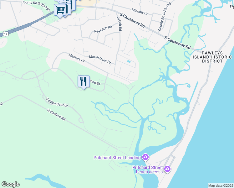 map of restaurants, bars, coffee shops, grocery stores, and more near 116 Tanglewood Drive in Pawleys Island