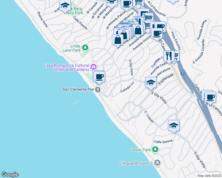 map of restaurants, bars, coffee shops, grocery stores, and more near 514 Avenida Victoria in San Clemente