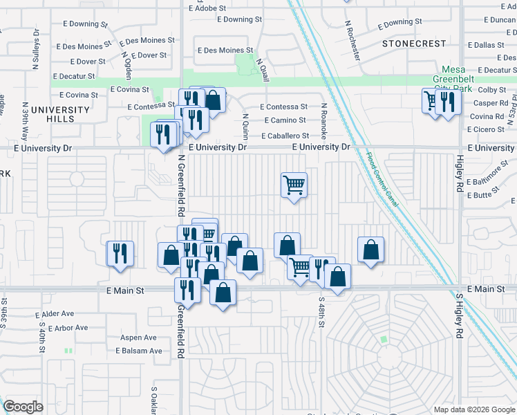 map of restaurants, bars, coffee shops, grocery stores, and more near 4700 East Main Street in Mesa