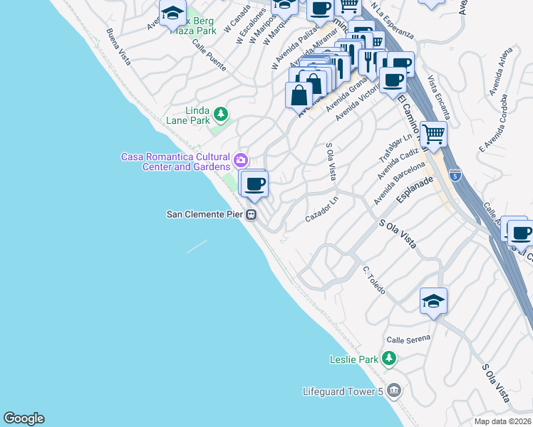 map of restaurants, bars, coffee shops, grocery stores, and more near 119 Coronado Lane in San Clemente