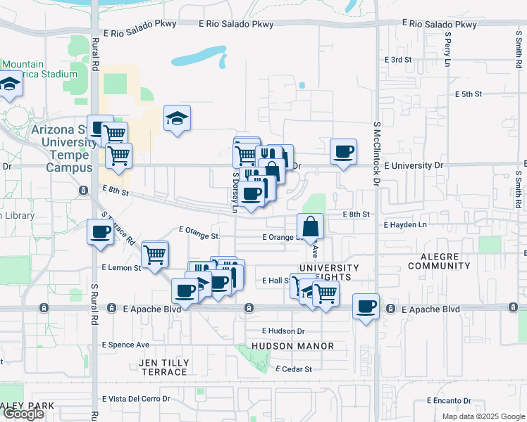 map of restaurants, bars, coffee shops, grocery stores, and more near 1343 East University Drive in Tempe
