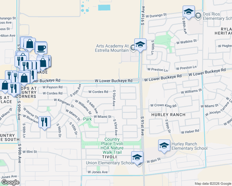 map of restaurants, bars, coffee shops, grocery stores, and more near 2923 South 93rd Avenue in Tolleson
