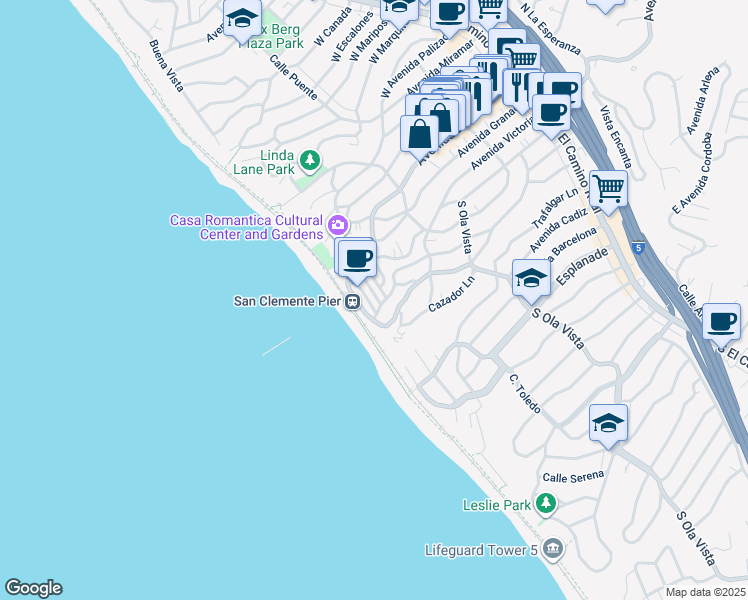 map of restaurants, bars, coffee shops, grocery stores, and more near 119 Coronado Lane in San Clemente