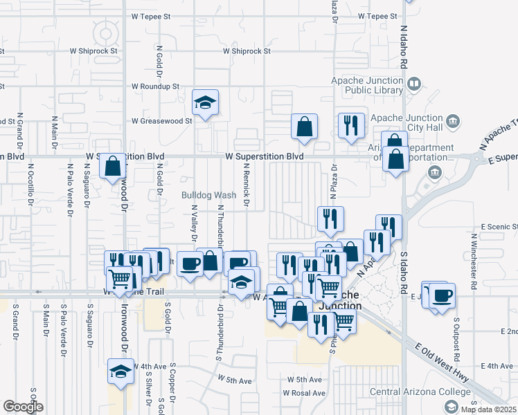 map of restaurants, bars, coffee shops, grocery stores, and more near 532 North San Marcos Drive in Apache Junction