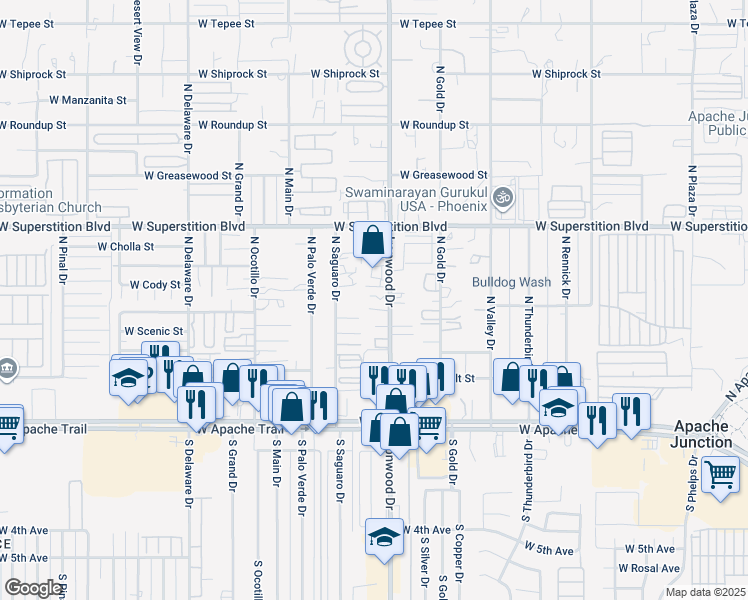 map of restaurants, bars, coffee shops, grocery stores, and more near 552 North Ironwood Drive in Apache Junction