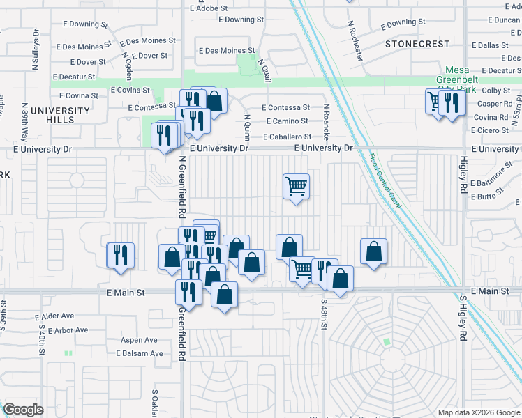 map of restaurants, bars, coffee shops, grocery stores, and more near 4700 East Main Street in Mesa