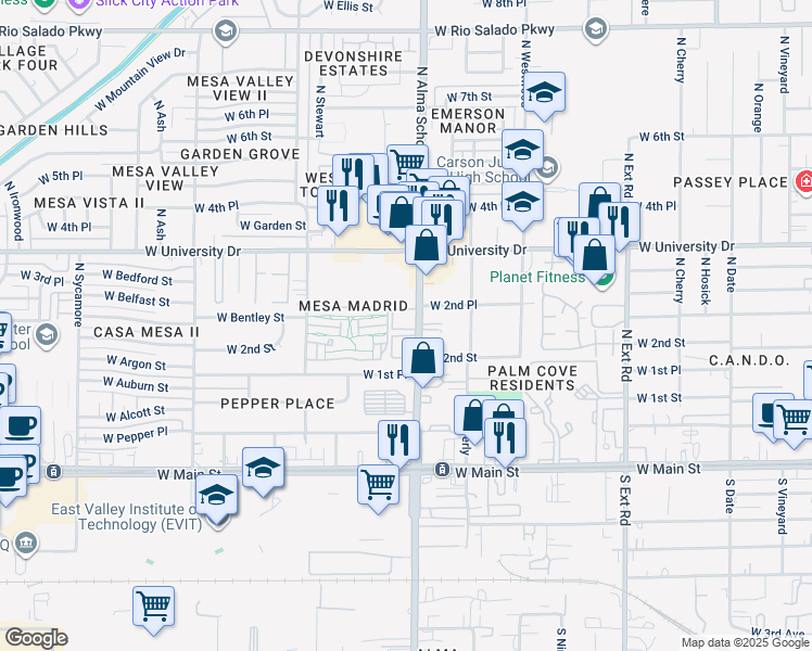 map of restaurants, bars, coffee shops, grocery stores, and more near 311 North Alma School Road in Mesa