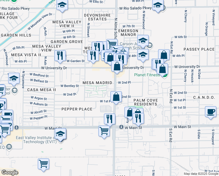 map of restaurants, bars, coffee shops, grocery stores, and more near Mesa Madrid Townhouses in Mesa
