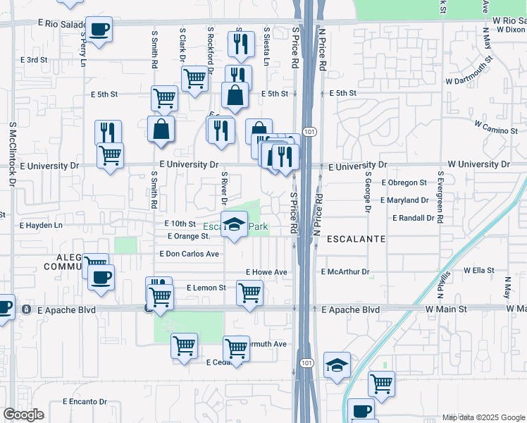 map of restaurants, bars, coffee shops, grocery stores, and more near 2118 East Center Lane in Tempe