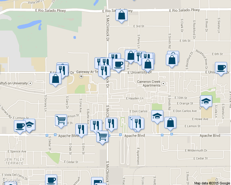 map of restaurants, bars, coffee shops, grocery stores, and more near 1827 East Kirkland Lane in Tempe