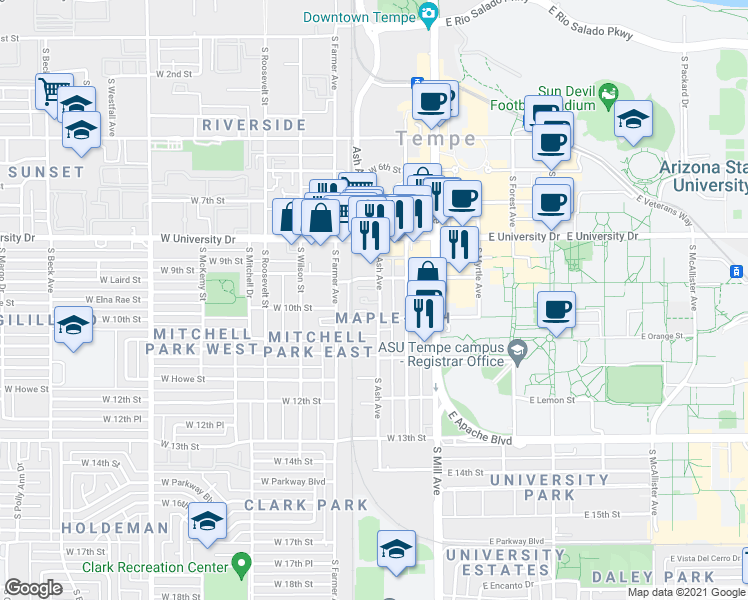 map of restaurants, bars, coffee shops, grocery stores, and more near 905 1/2 South Ash Avenue in Tempe