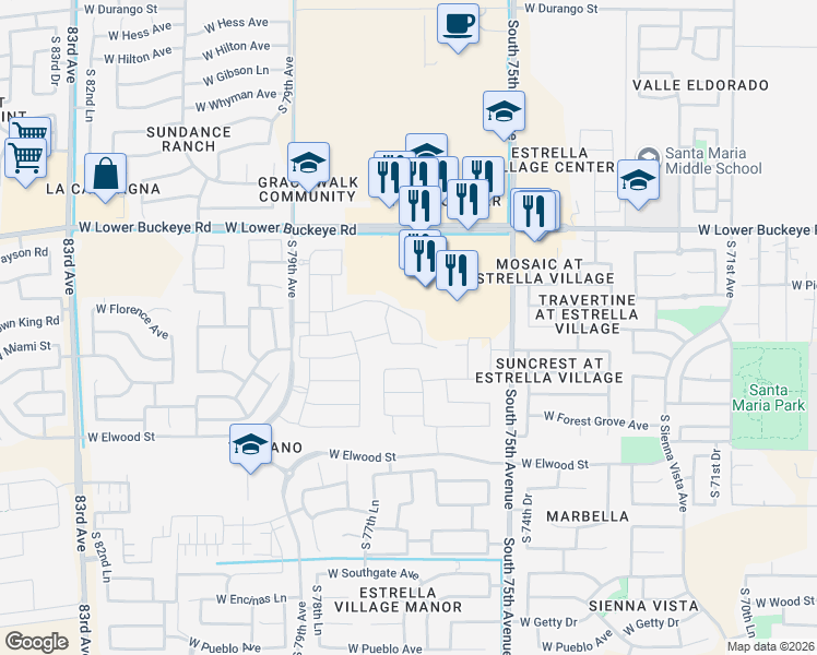 map of restaurants, bars, coffee shops, grocery stores, and more near 7625 West Lower Buckeye Road in Phoenix