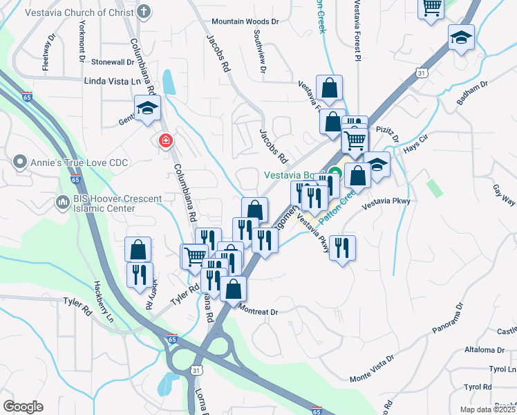 map of restaurants, bars, coffee shops, grocery stores, and more near 3029 Massey Road in Vestavia Hills