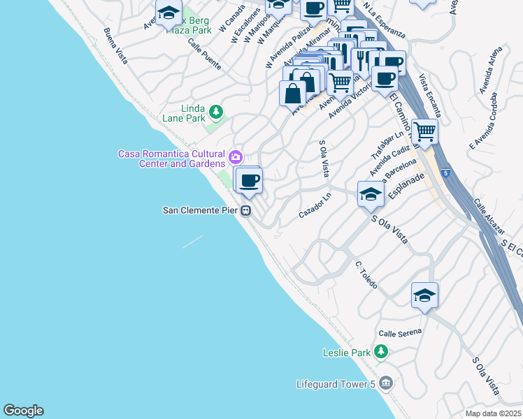 map of restaurants, bars, coffee shops, grocery stores, and more near 119 Coronado Lane in San Clemente