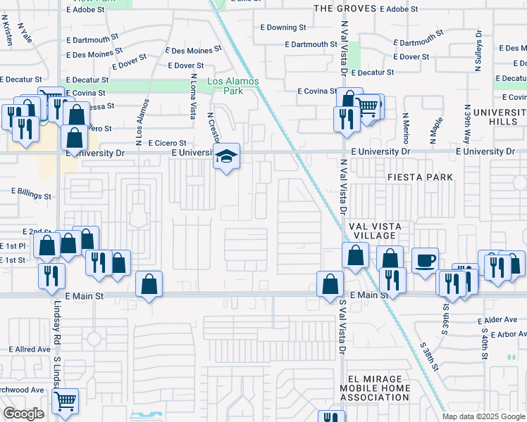 map of restaurants, bars, coffee shops, grocery stores, and more near 3345 East University Drive in Mesa