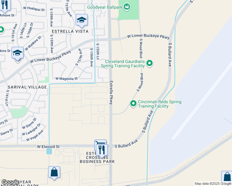 map of restaurants, bars, coffee shops, grocery stores, and more near 2999 Estrella Parkway in Goodyear