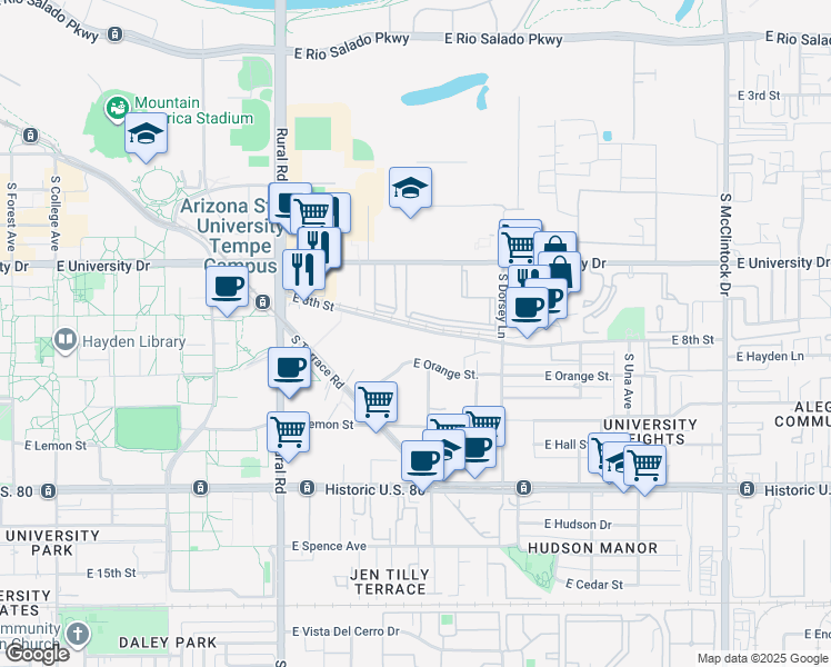 map of restaurants, bars, coffee shops, grocery stores, and more near 1117 East 8th Street in Tempe