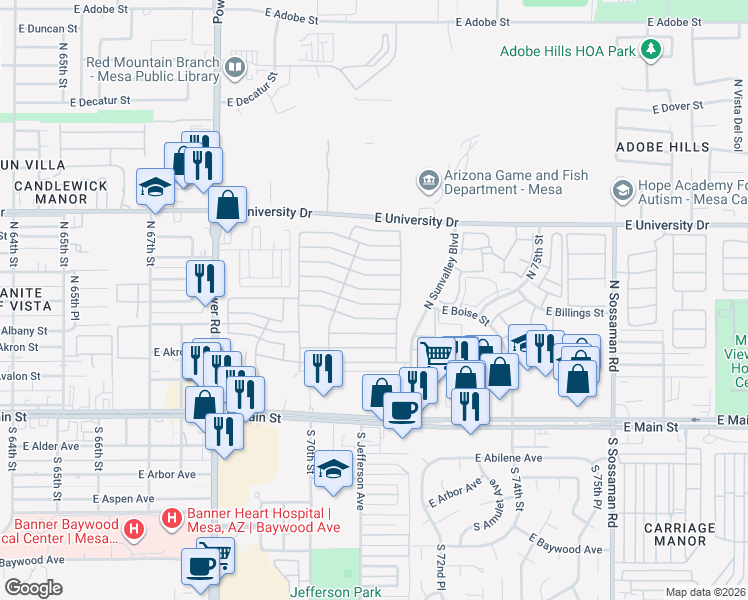 map of restaurants, bars, coffee shops, grocery stores, and more near East 6th Avenue in Mesa