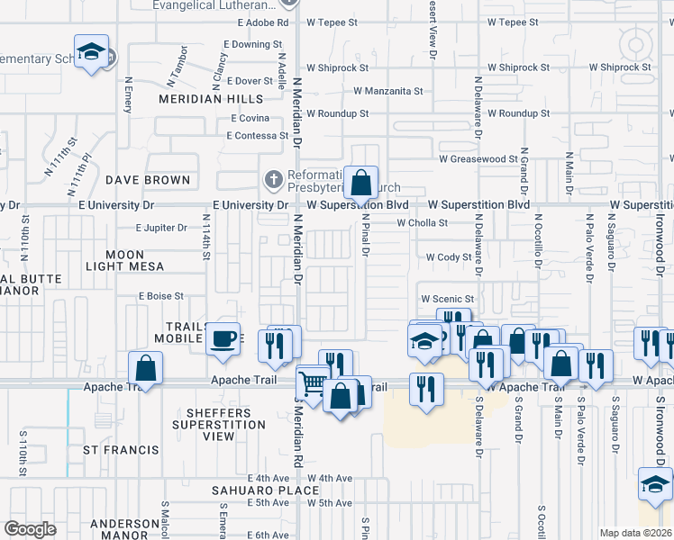 map of restaurants, bars, coffee shops, grocery stores, and more near 351 North Meridian Drive in Apache Junction