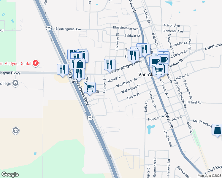 map of restaurants, bars, coffee shops, grocery stores, and more near 477 West Jefferson Street in Van Alstyne