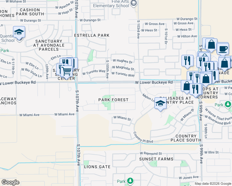map of restaurants, bars, coffee shops, grocery stores, and more near 10442 West Cordes Road in Tolleson
