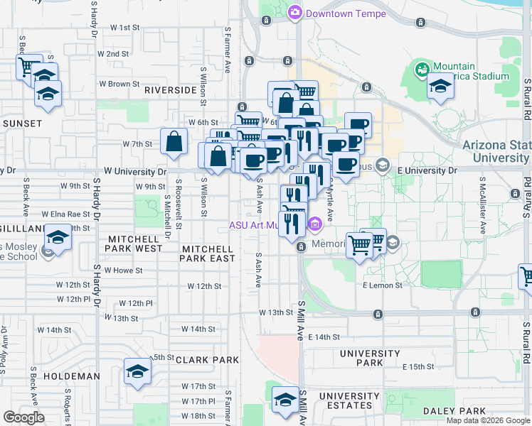 map of restaurants, bars, coffee shops, grocery stores, and more near 905 1/2 South Ash Avenue in Tempe