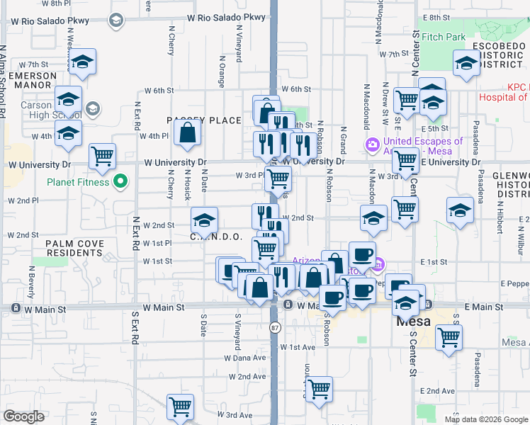 map of restaurants, bars, coffee shops, grocery stores, and more near 244 North Country Club Drive in Mesa