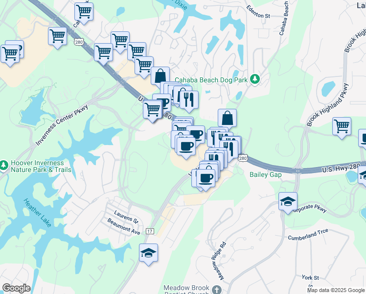 map of restaurants, bars, coffee shops, grocery stores, and more near 150 Inverness Plaza in Birmingham
