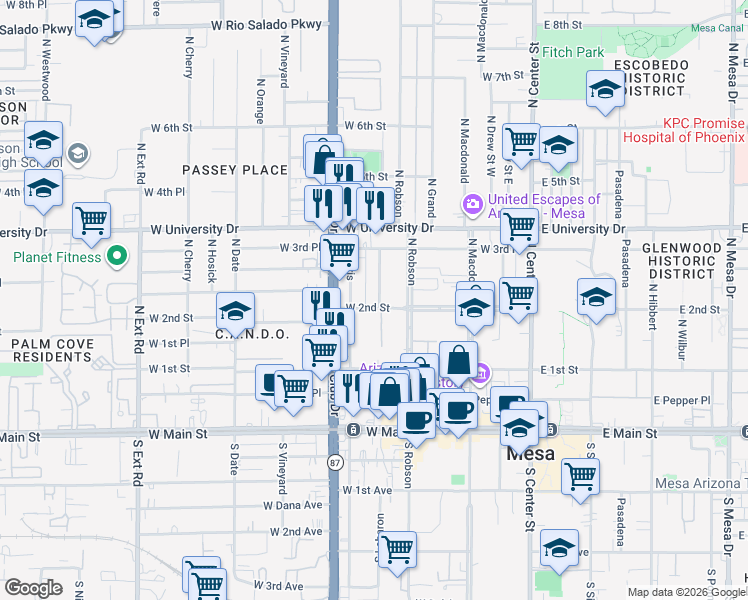 map of restaurants, bars, coffee shops, grocery stores, and more near 248 West 2nd Street in Mesa