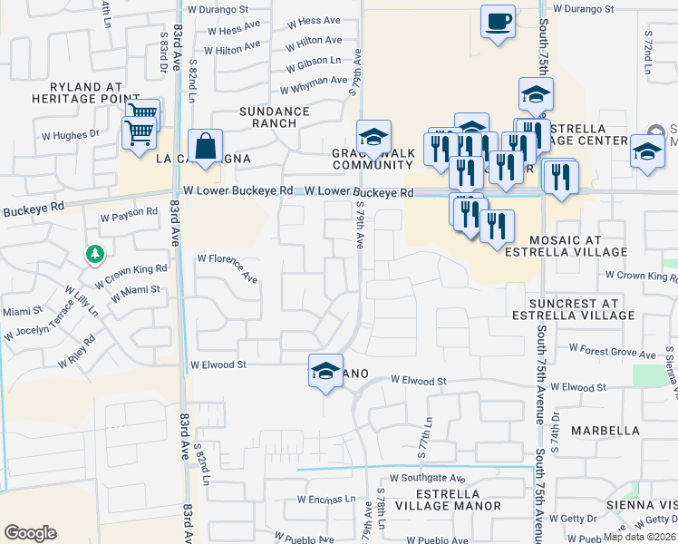 map of restaurants, bars, coffee shops, grocery stores, and more near 3122 South 79th Drive in Phoenix