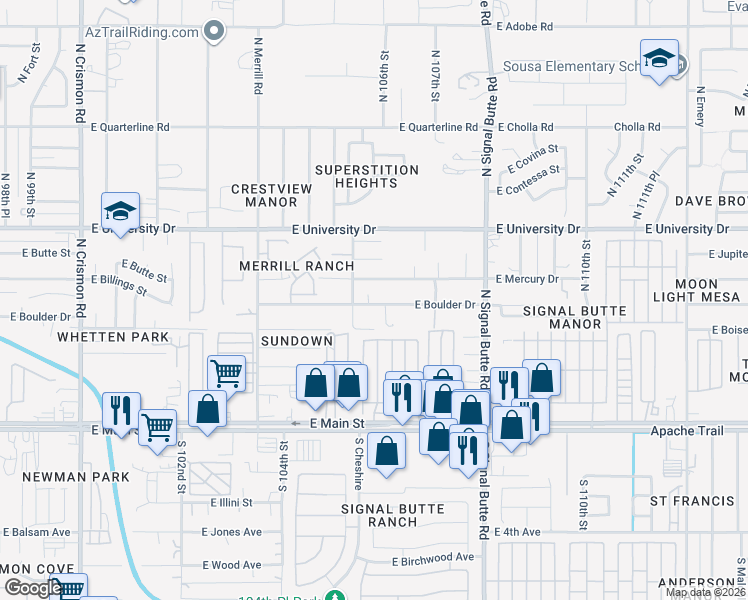 map of restaurants, bars, coffee shops, grocery stores, and more near 10550 East Boulder Drive in Apache Junction