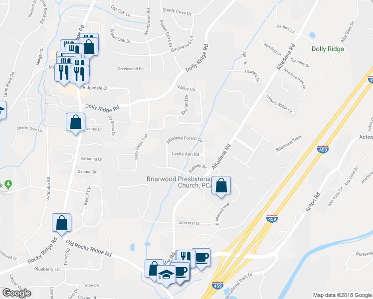 map of restaurants, bars, coffee shops, grocery stores, and more near 3637 Leslie Ann Road in Vestavia Hills
