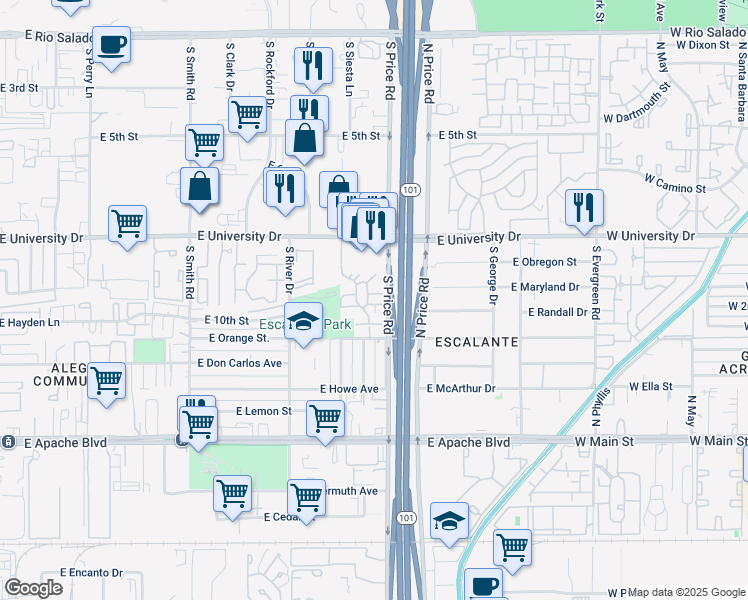 map of restaurants, bars, coffee shops, grocery stores, and more near 2143 East Center Lane in Tempe
