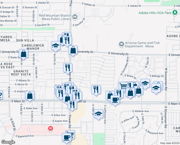 map of restaurants, bars, coffee shops, grocery stores, and more near Cypress Point Drive in Mesa