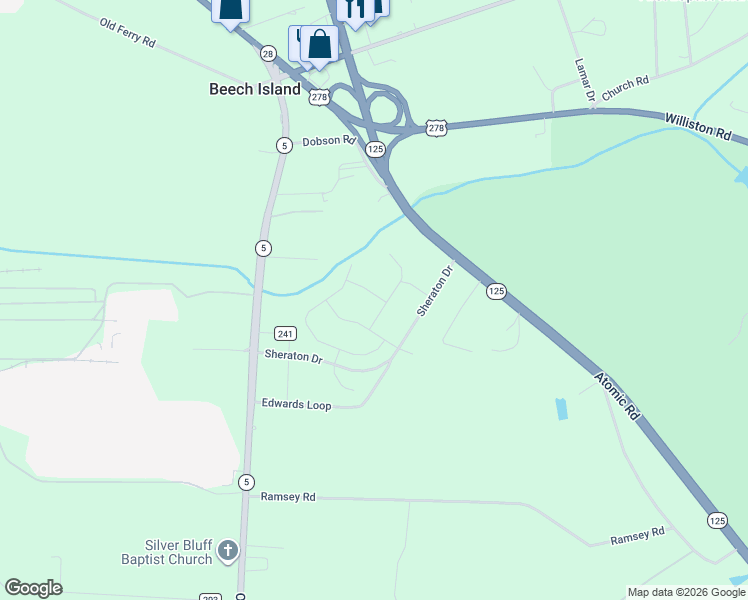map of restaurants, bars, coffee shops, grocery stores, and more near 425 Sheraton Drive in Beech Island